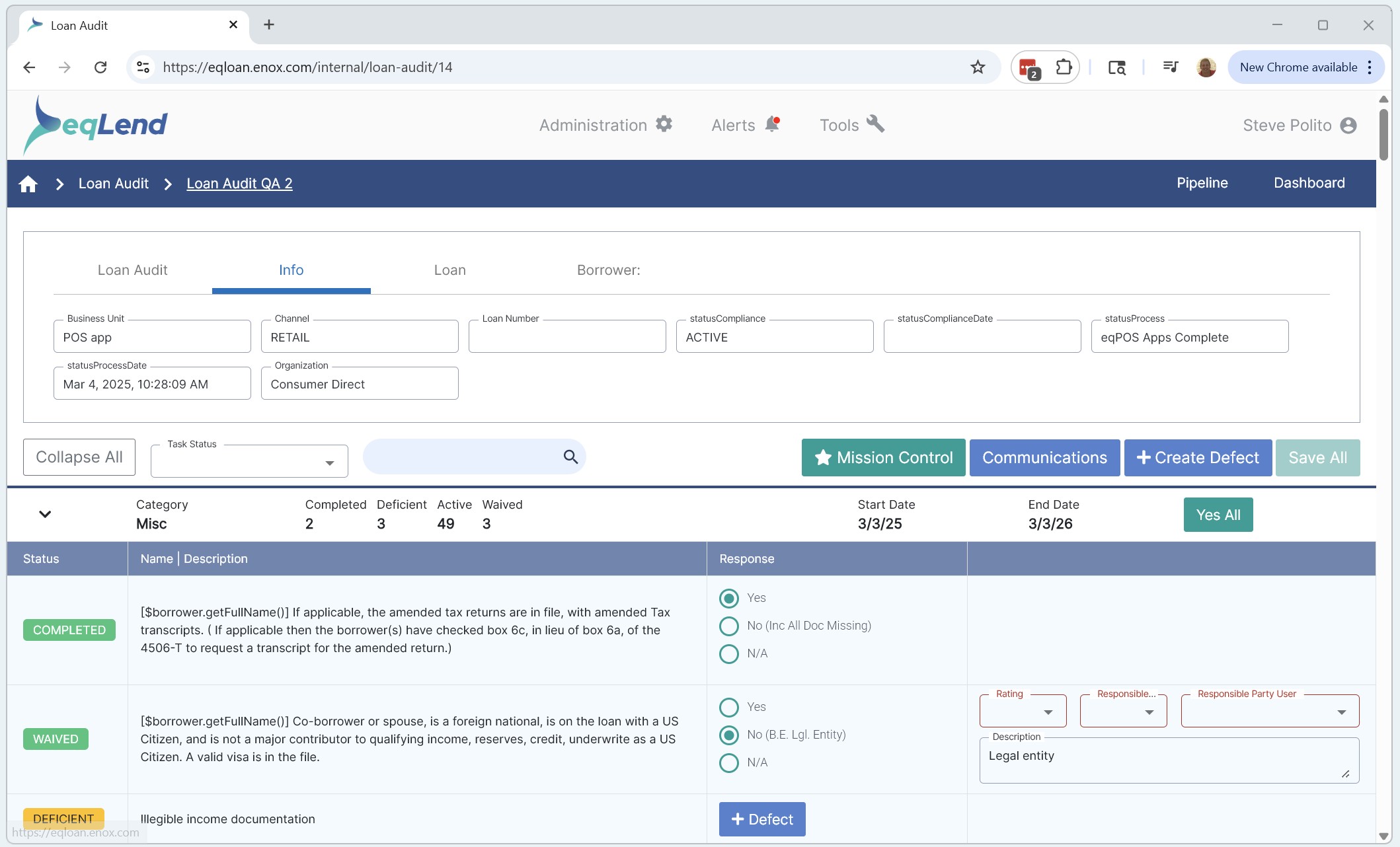 eqLend QA and Audit Deficiency Tracking screenshot